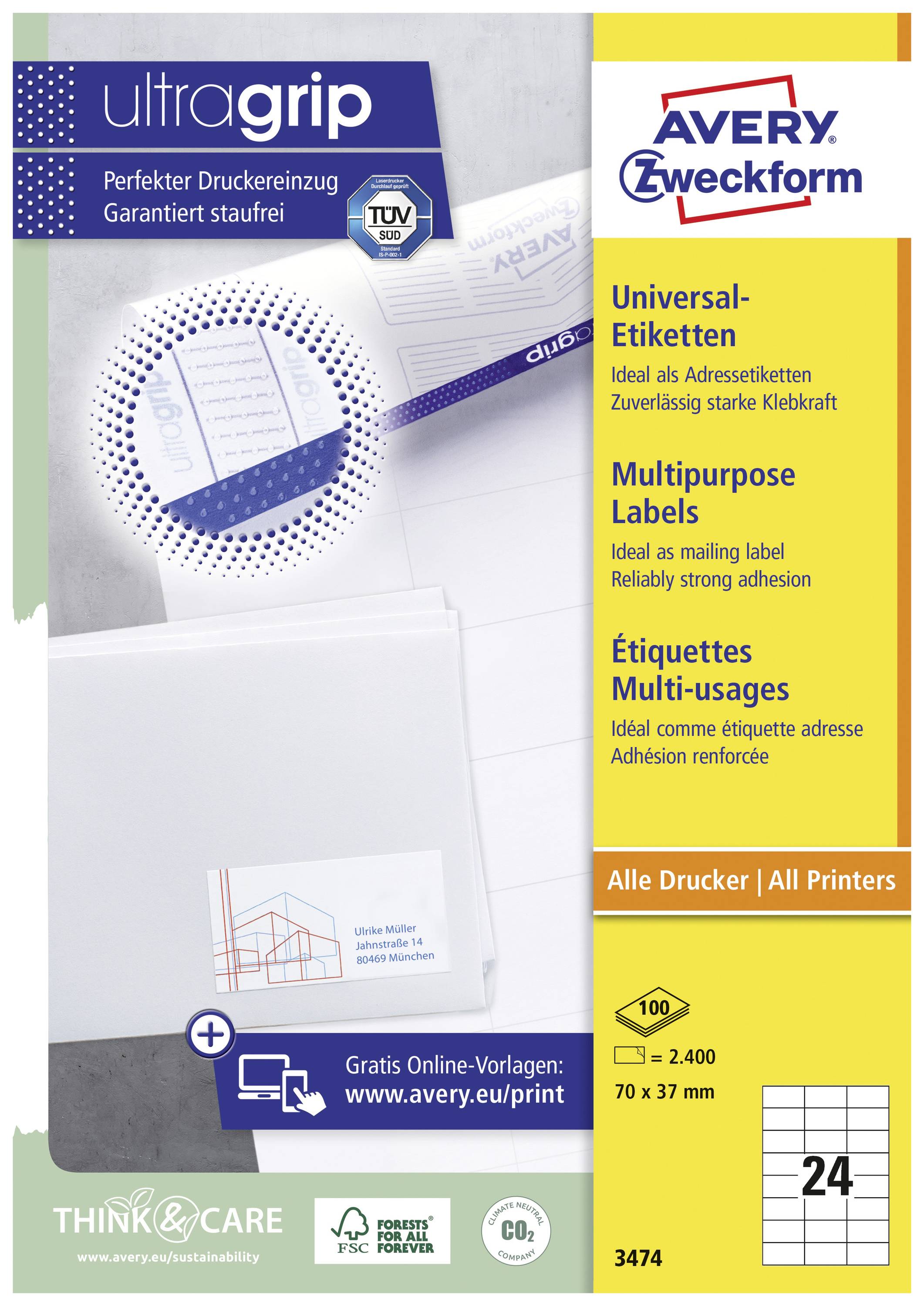 'UltraGrip - Perfekte Druckereinzug, Garantiert staufrei. Ideal für Adressetiketten.' Etikettenschachtel mit 24 Etiketten pro Blatt.