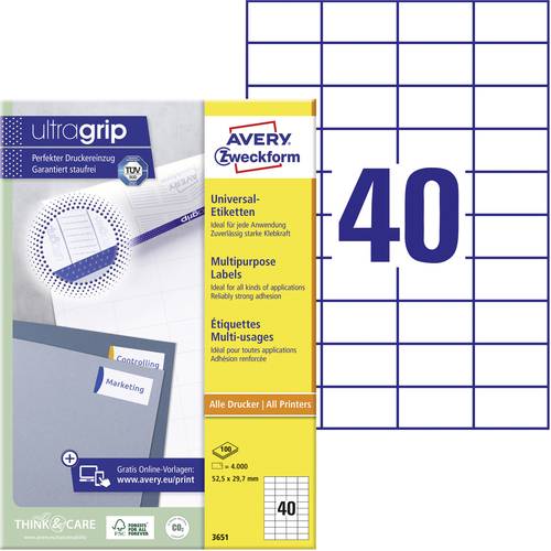 Avery-Zweckform 3651 Universal-Etiketten 52.5 x 29.7 mm Papier Weiß 4000 St. Permanent haftend Tintenstrahldrucker, Lase...