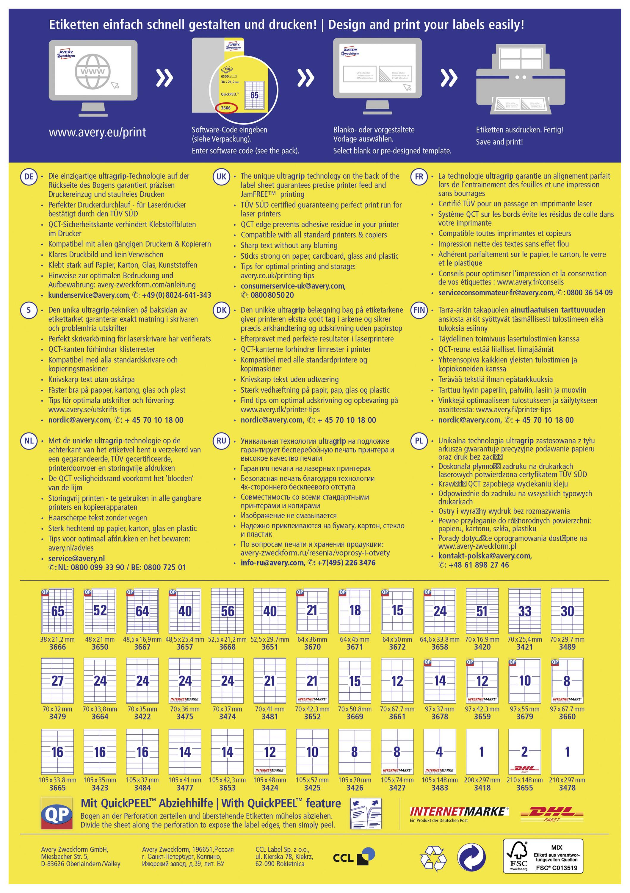 Plakat zur Gestaltung und Druck von Etiketten, mit Anweisungen, Kontaktdaten und Kalendertabelle 2020. Enthält Versandlogos.