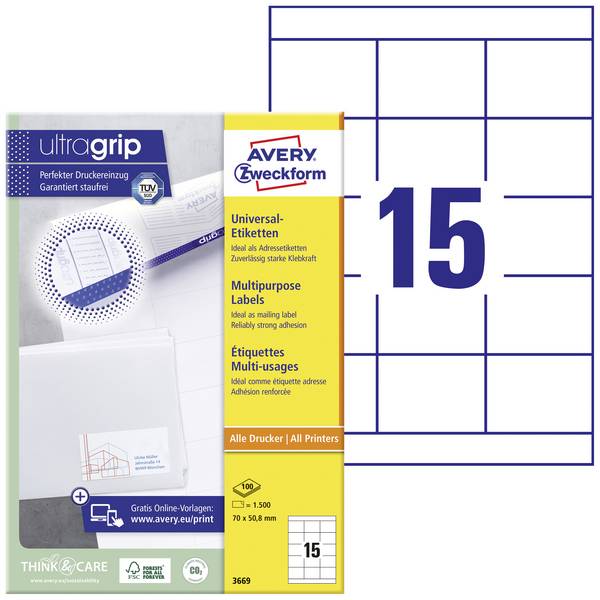 Avery-Zweckform 3669 Universal-Etiketten 70 x 50.8 mm Papier Weiß 1500 St. Permanent haftend Tintenstrahldrucker, Laserdrucker, Farblaserdrucker, Kopierer, Farbkopierer, Handbeschriftung