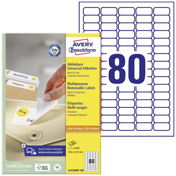 Avery-Zweckform L4732REV-100 Universal-Etiketten 35.6 x 16.9 mm Papier Weiß 8000 St. Wiederablösbar Tintenstrahldrucker, Laserdrucker, Farblaserdrucker, Kopierer, Farbkopierer, Handbeschriftung