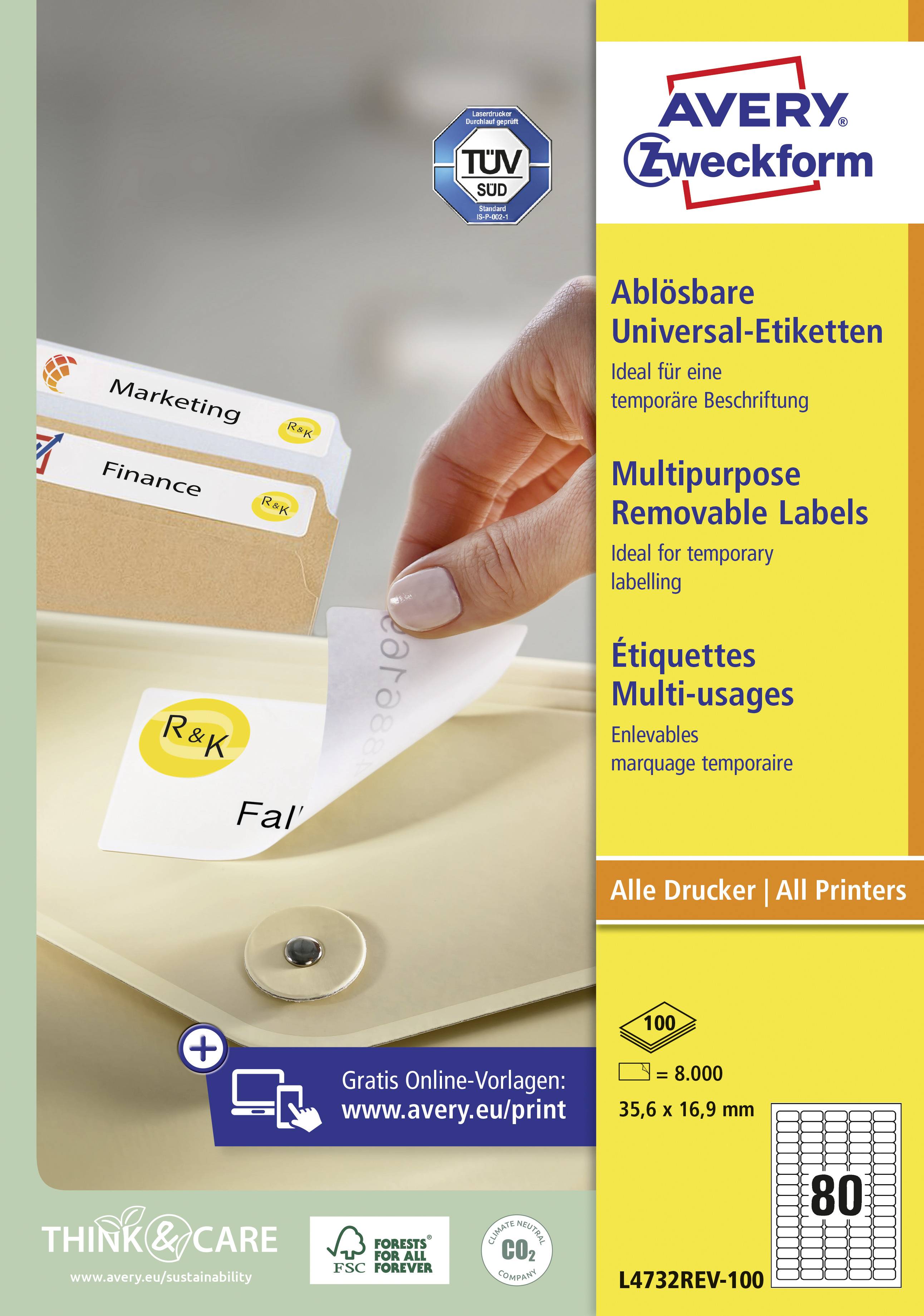'Verpackung von Avery Zweckform ablösbaren Universal-Etiketten. Enthält 80 Etiketten, 35,6 x 16,9 mm. Für alle Drucker geeignet.'
