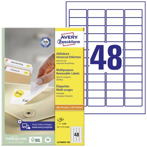 Avery-Zweckform L4736REV-100 Universal-Etiketten 45.7 x 21.2 mm Papier Weiß 4800 St. Wiederablösbar Tintenstrahldrucker,...