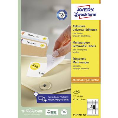 'Etikettenbogen mit ablösbaren Universal-Etiketten in einem Ordner. Für temporäre Beschriftung und alle Drucker geeignet.'