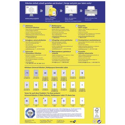 Poster zur Werbung für Avery Etiketten. Enthält verschiedene Etikettentypen, Anwendungsmöglichkeiten, Größenangaben und Produktnummern.