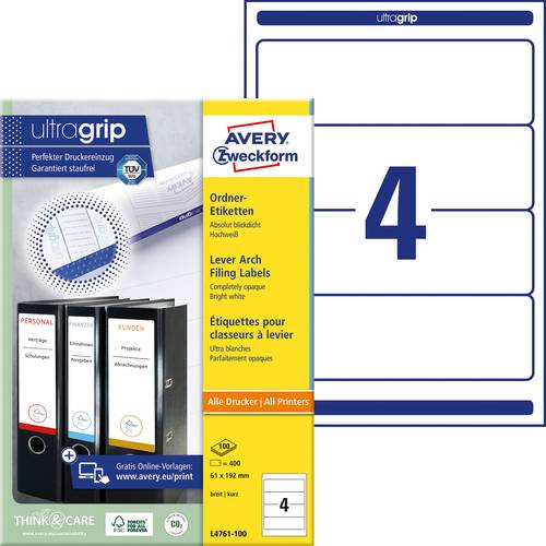 Avery-Zweckform Ordner-Etiketten L4761-100 61 x 192 mm Papier Weiß Permanent haftend 400 St.
