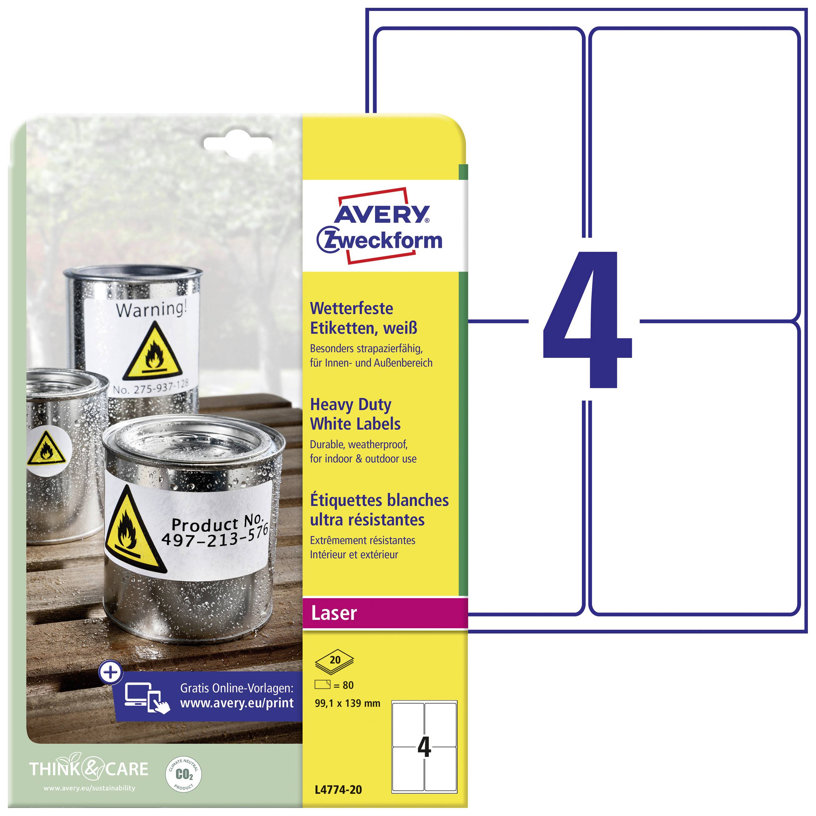 Avery Zweckform wetterfeste Folien-Etiketten L4774-20, 99,1 x 139 mm, 80 Etiketten, weiß