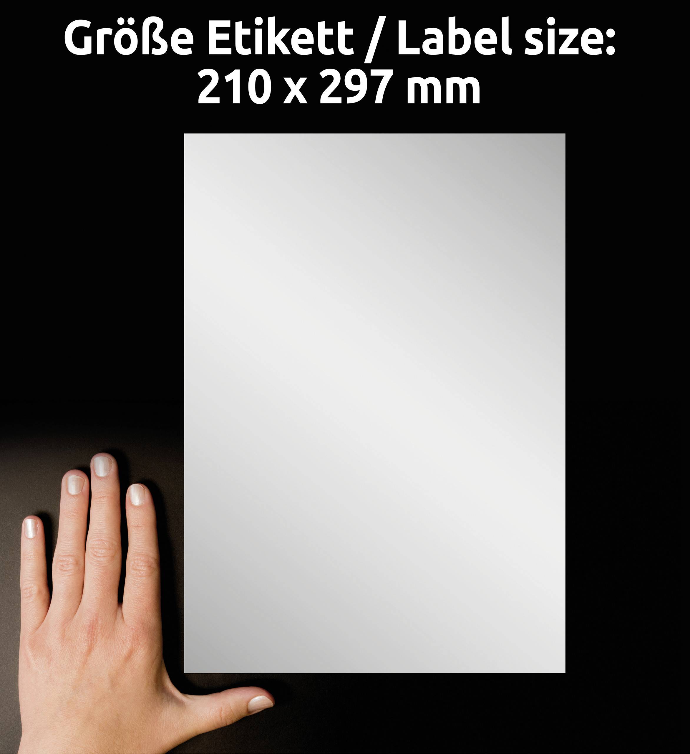 Hand, die ein weißes Etikett in Papiergröße 210 x 297 mm auf schwarzem Hintergrund zeigt. Text oben: 'Größe Etikett / Label size: 210 x 297 mm'.