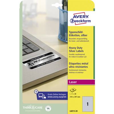 'Etiketten zur Kennzeichnung, silber, robust und wetterfest für Innen- und Außenbereich. Format: 210 x 297 mm. Avery Zweckform.'