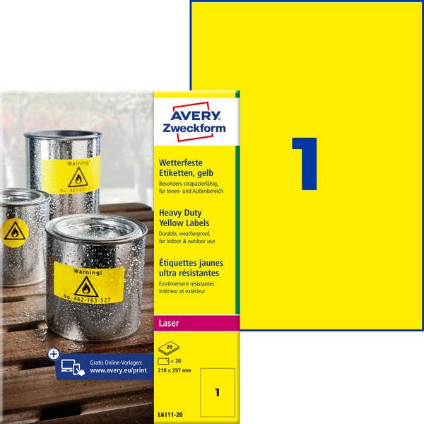 Avery-Zweckform L6111-20 Folien-Etiketten 210 x 297 mm Polyester-Folie Gelb 20 St. Permanent haftend Farblaserdrucker, Laserdrucker, Farbkopierer, Kopierer, Handbeschriftung