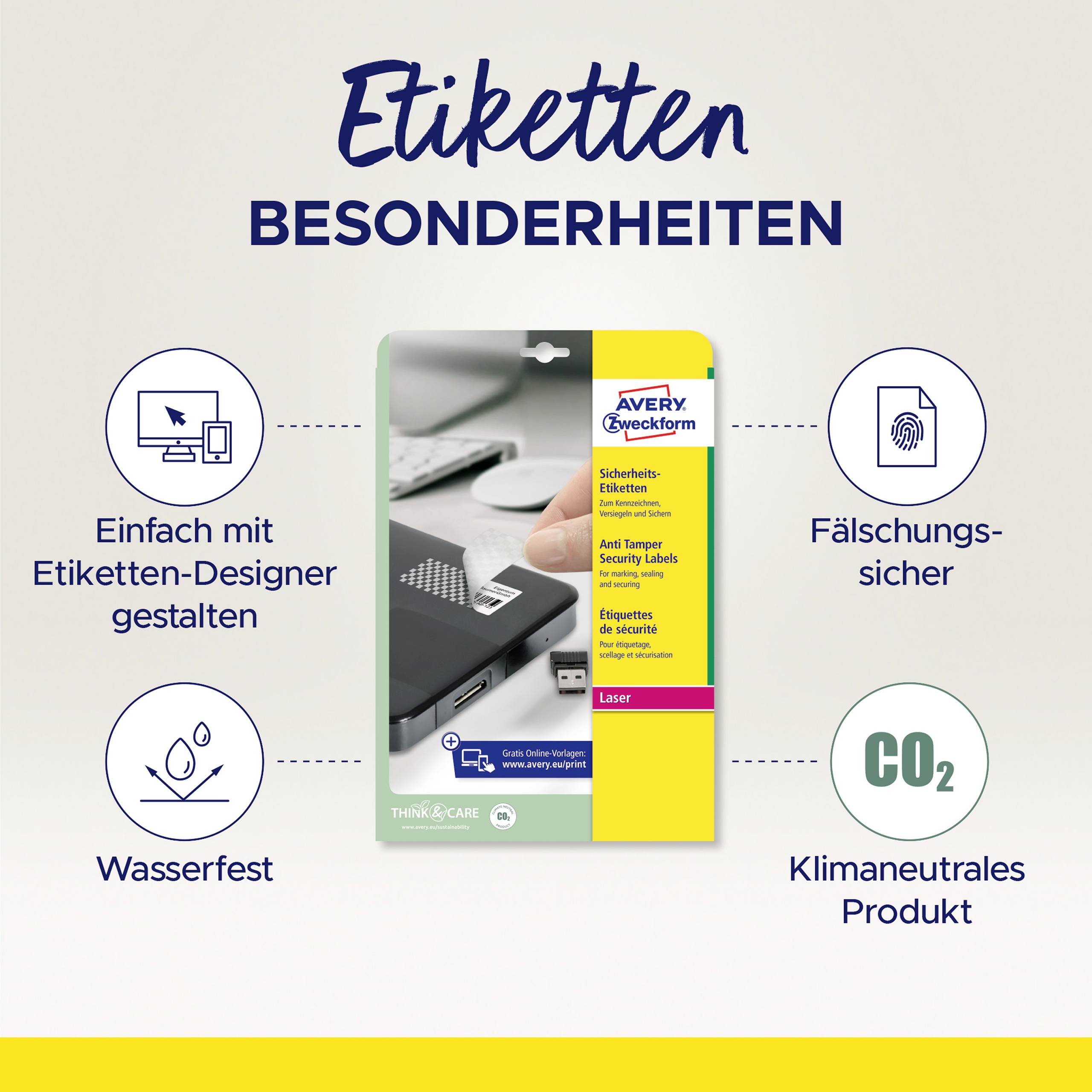 'Etiketten Besonderheiten': Fälschungssicher, klimaneutral, einfach gestalten. Produkteinlage zeigt Avery Zweckform Sicherheitsetiketten.