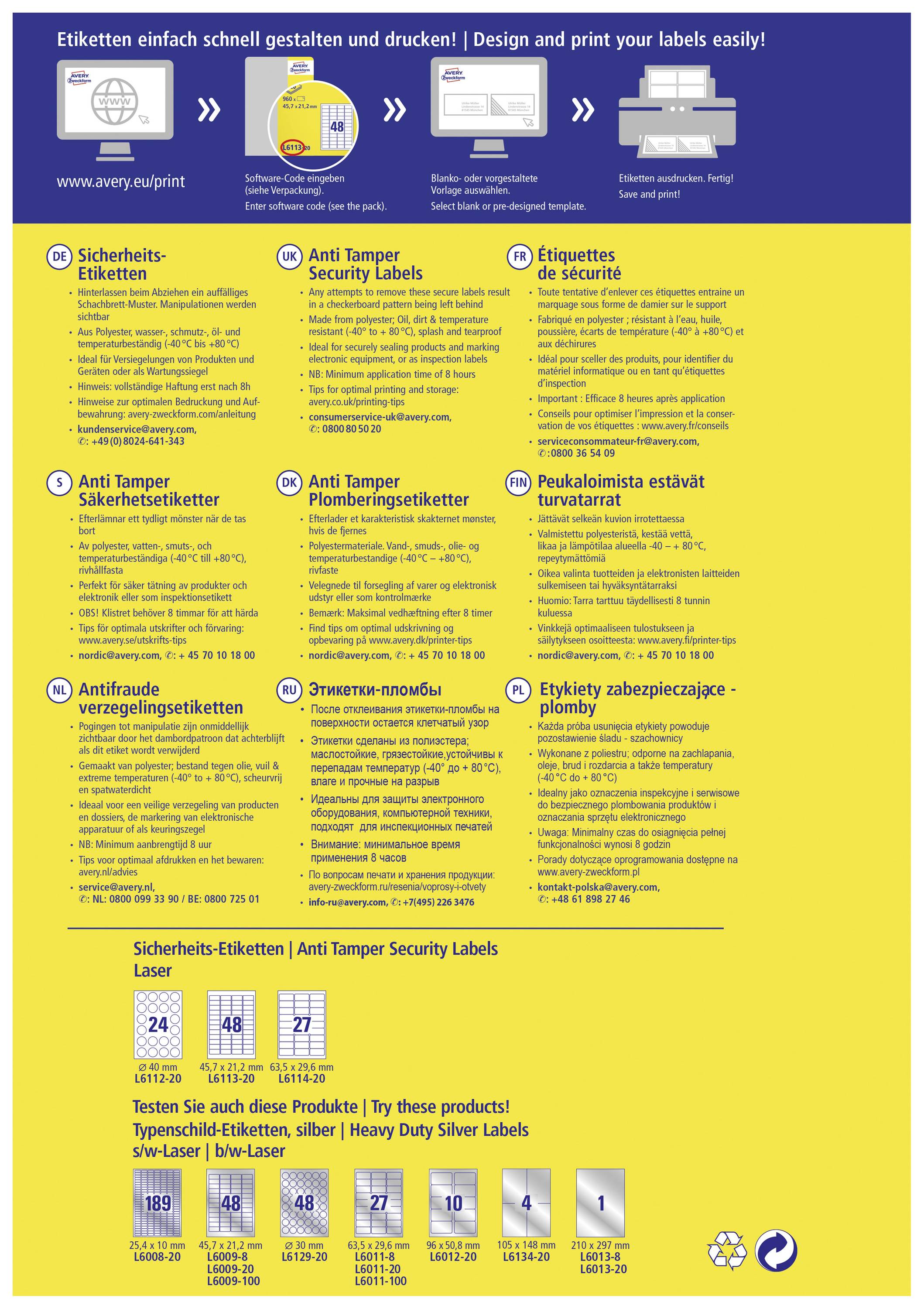 'Etiketten einfach schnell gestalten und drucken! Design and print your labels easily!' Übersicht über Sicherheitsetiketten in verschiedenen Sprachen mit Produktübersicht und Druckerkompatibilität unten.