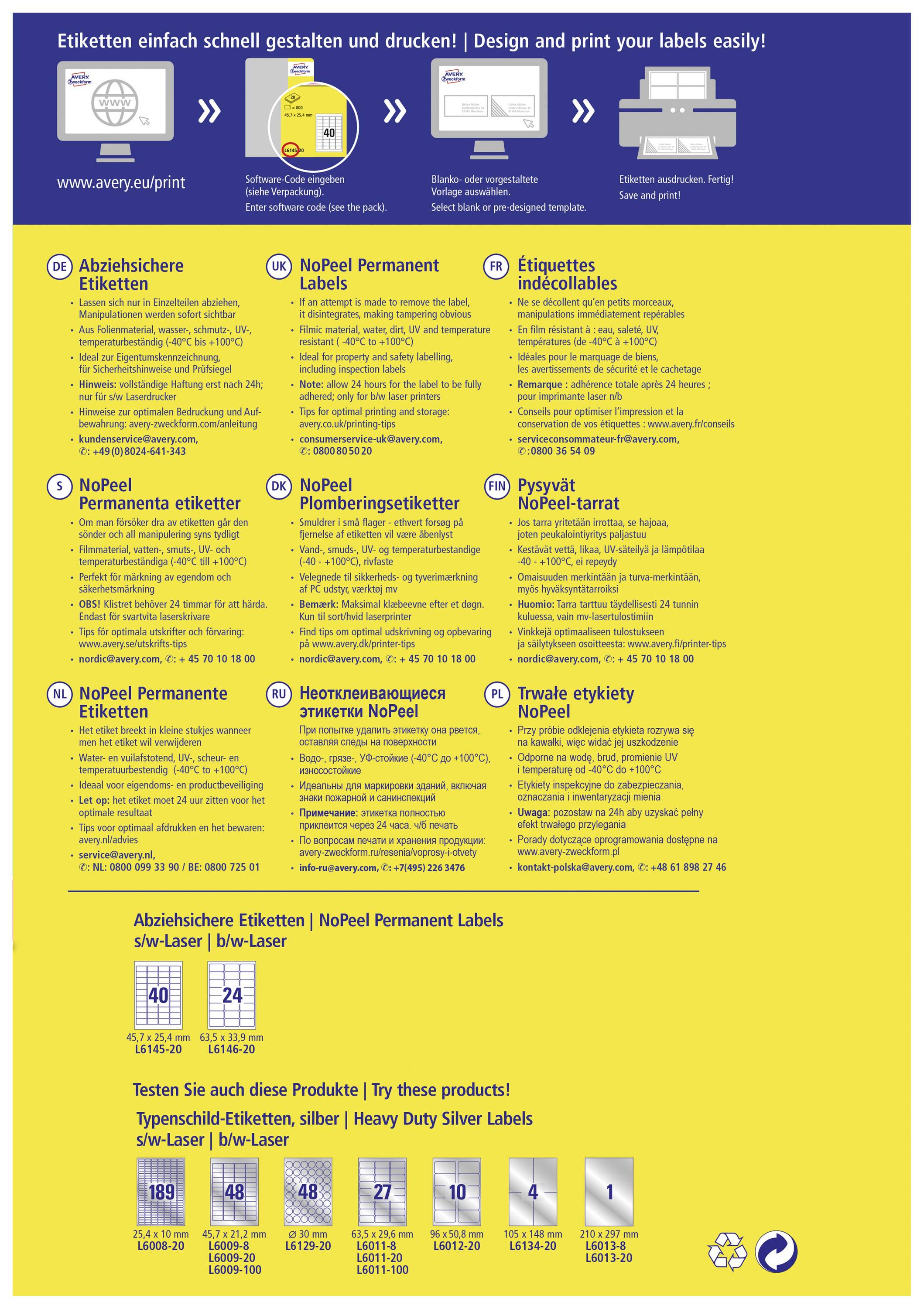 'Werbung für NoPeel Permanentetiketten von Avery. Bietet Etiketten für verschiedene Druckmethoden und Oberflächen, mit Produkttests.'