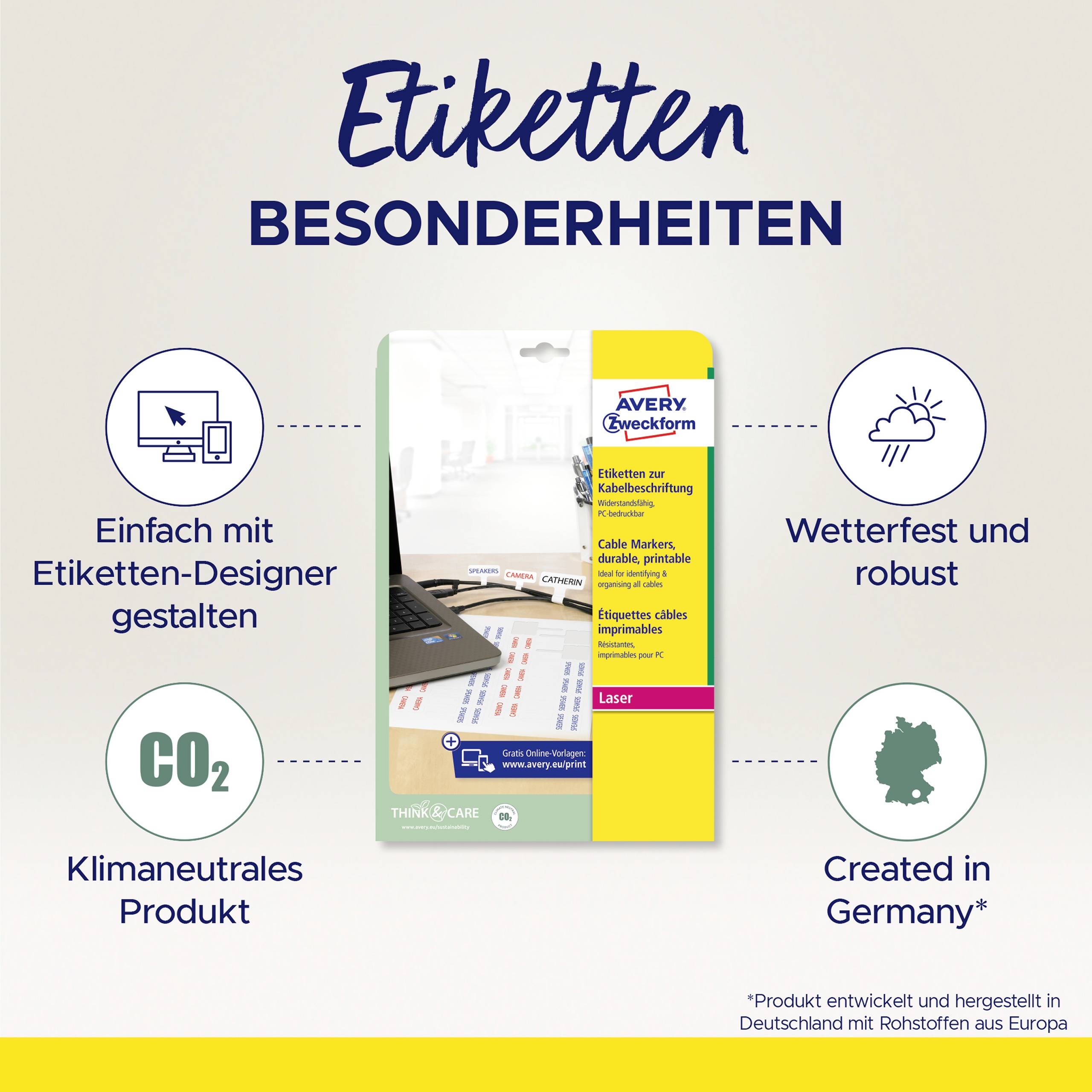 'Etiketten BESONDERHEITEN' mit vier Merkmalen: Etiketten-Designer, wetterfest, klimaneutral, in Deutschland hergestellt.