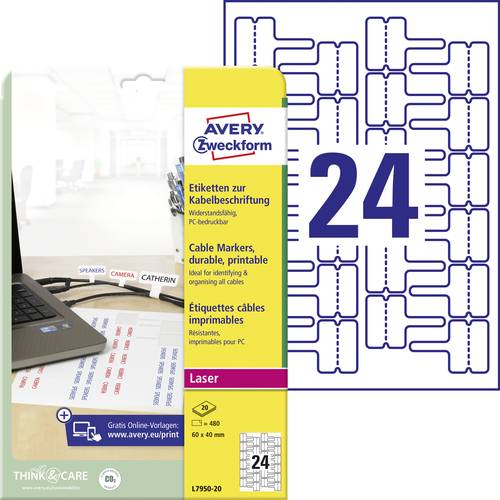 Avery-Zweckform L7950-20 Kabel-Etiketten 60 x 40 mm Polyester-Folie Weiß 480 St. Permanent haftend Laserdrucker, Handbes...