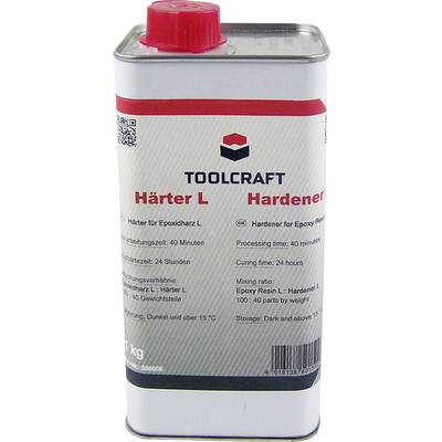 Eine Dose Toolcraft Härter L für Epoxidharz. Aufschrift zeigt Mischverhältnis 100:40, Verarbeitungszeit 40 Minuten, Aushärtezeit 24 Stunden.