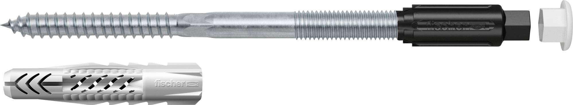 Metallkabelanker mit Gewindewelle und schwarzer Kunststoffkappe, gezeigt neben einem kleinen silbernen Einsatzwerkzeug mit Pfeilmarkierungen.