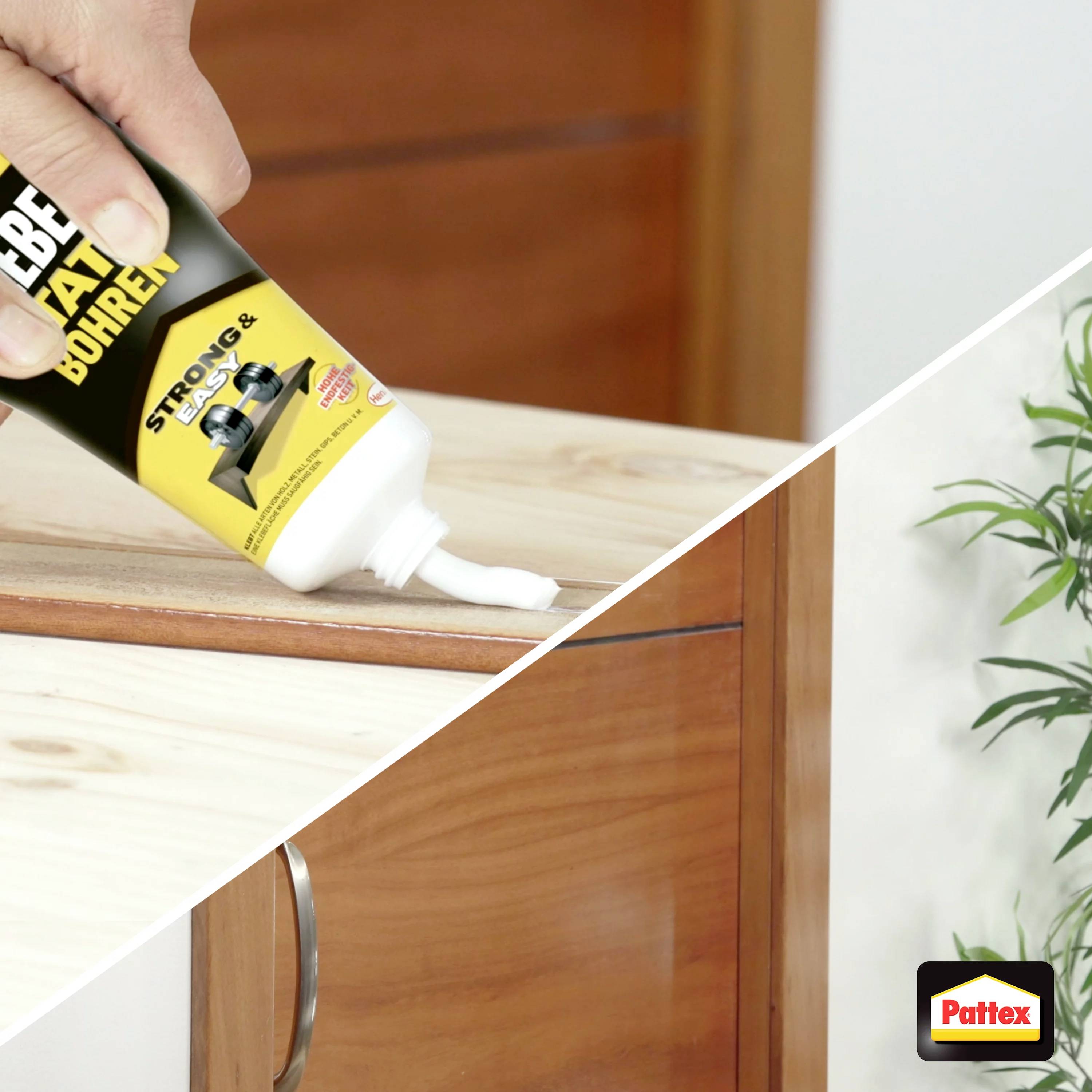 Eine Hand drückt Klebstoff aus einer Tube auf einen Holzschrank. Unten rechts befindet sich ein Pattex-Logo.