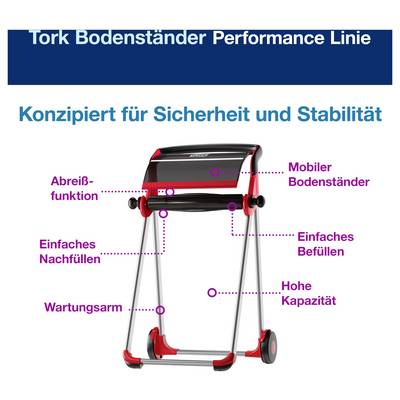 Tork Bodenständer Performance Linie: mobiler, stabiler Spenderständer mit Abreißfunktion, einfachem Befüllen/Nachfüllen und hoher Kapazität.