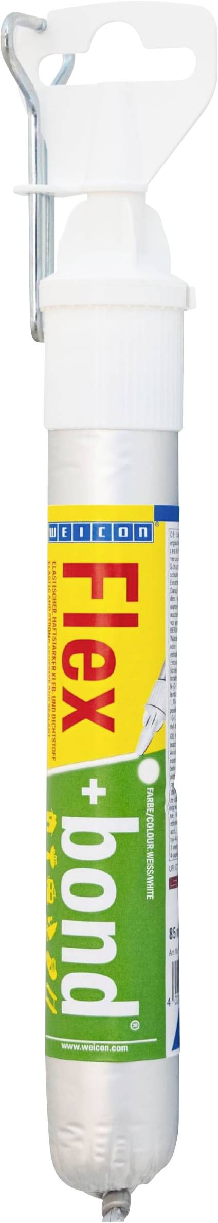 Flex+Bond Klebstoffkartusche mit weißer Kappe und Düse, gekennzeichnet in gelb, rot und grüner Verpackung.