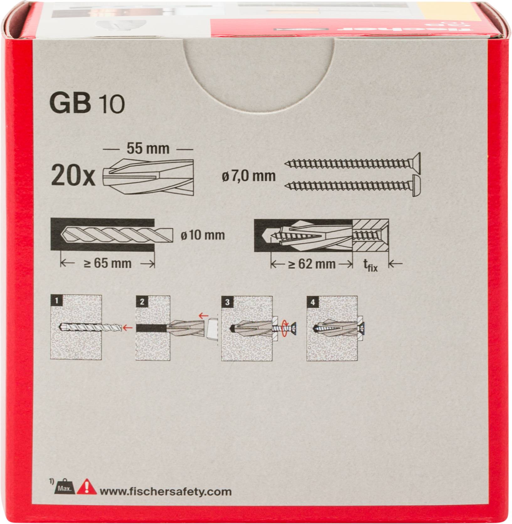 Verpackungsetikett für GB 10 Wanddübel, zeigt 20 Stück, 55 mm Dübel, 7,0 mm Schrauben, Bohrloch und Installationsschritte.