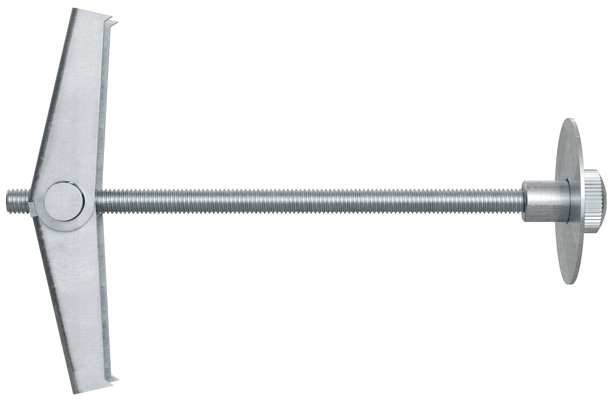 Metallschalldübel mit ausklappbarem Flügelverbinder und Gewindeschraube zum Befestigen von Armaturen in Hohlwänden.