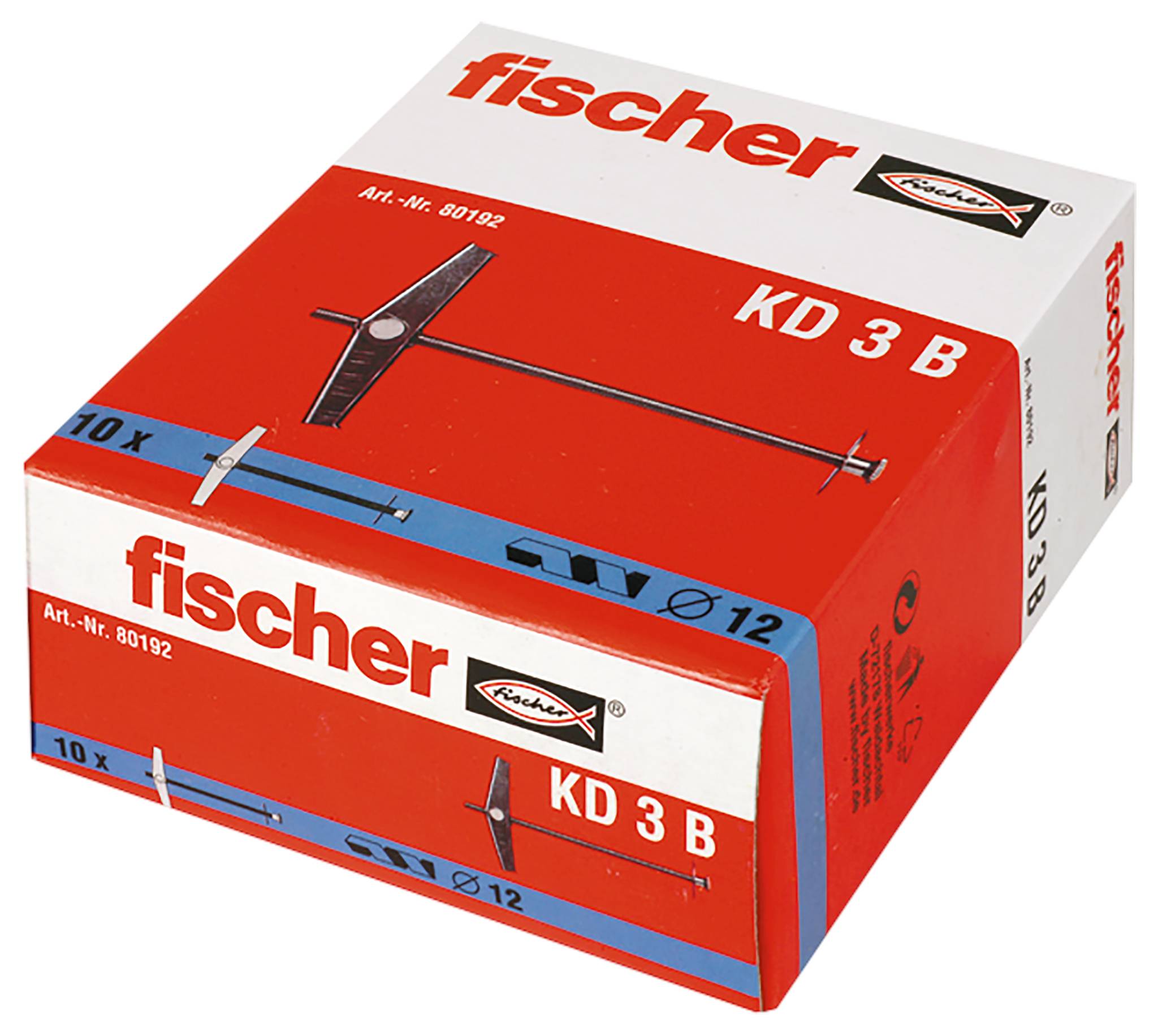 Karton mit Fischer KD 3 B Dübeln, rot-weiße Verpackung mit der Kennzeichnung „10x" und „Ø 12" mit Produktabbildung und Markenlogo.