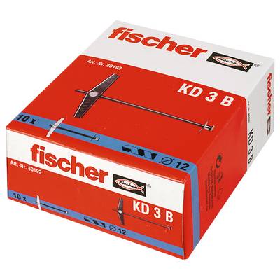 Karton mit Fischer KD 3 B Dübeln, rot-weiße Verpackung mit der Kennzeichnung „10x" und „Ø 12" mit Produktabbildung und Markenlogo.