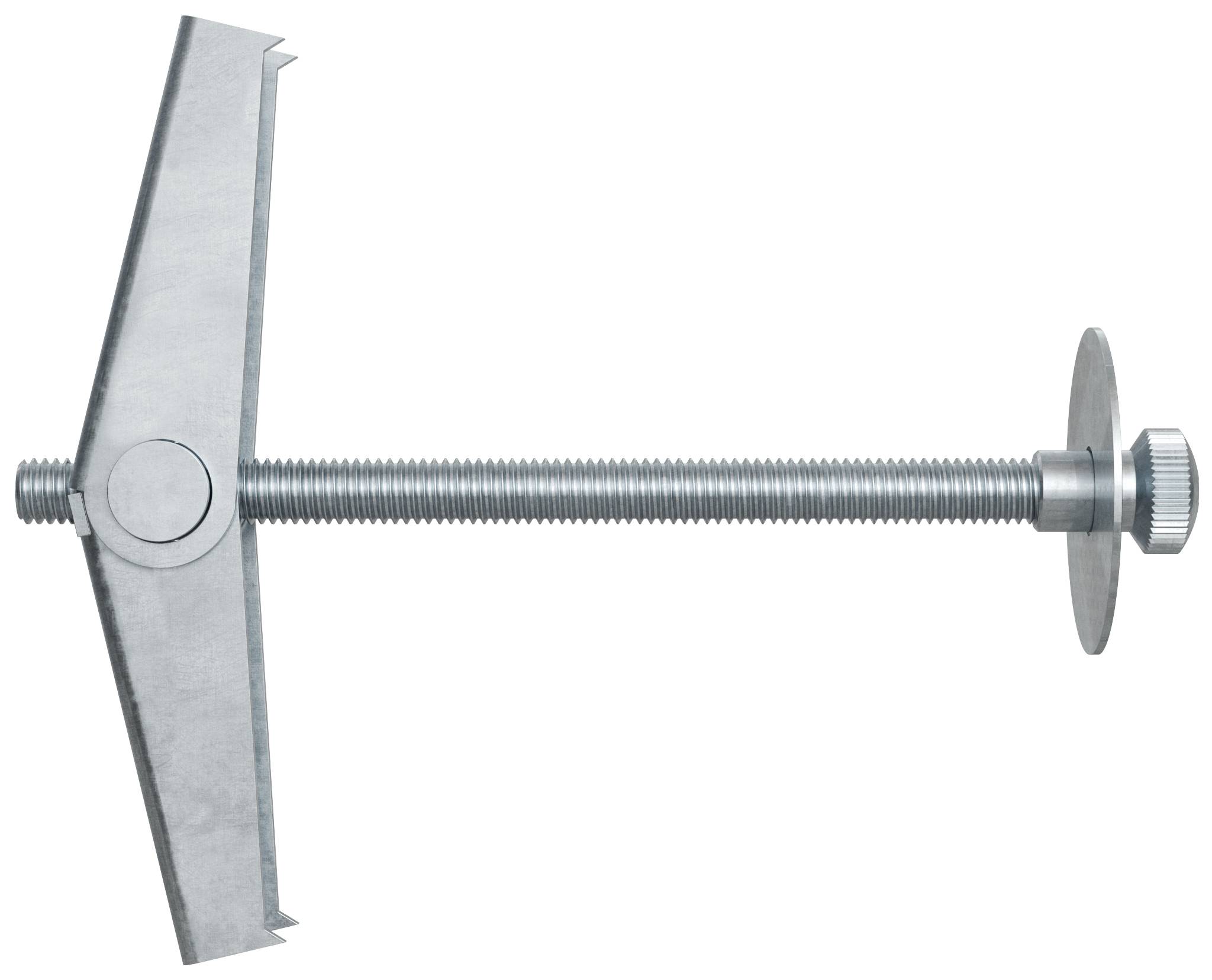Metallanker mit Kippflügel, Gewindeschraube und ausklappbaren Flügeln auf weißem Hintergrund.
