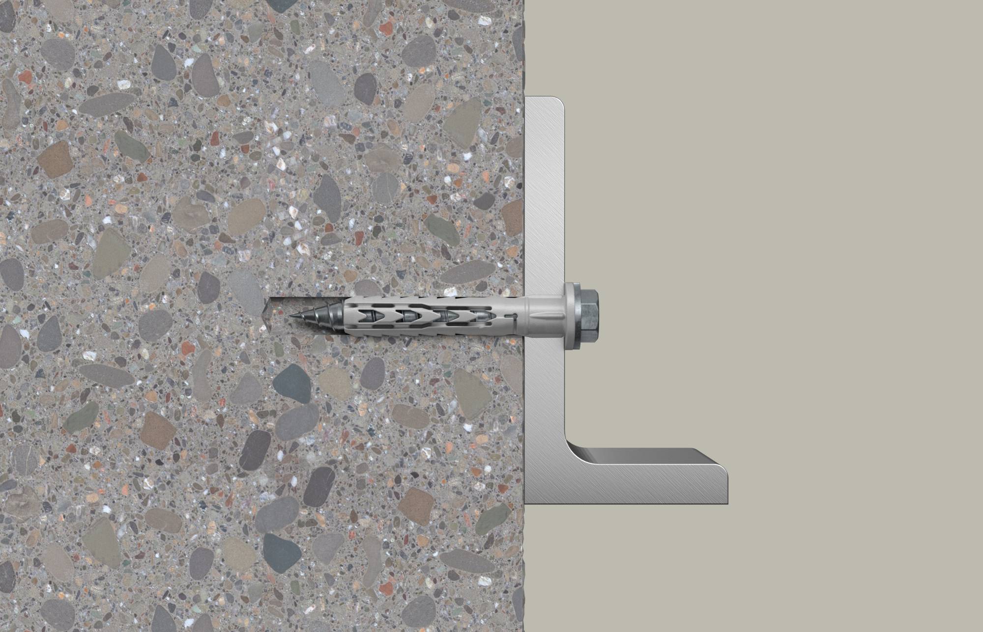 Seitenansicht eines Betonverankerungsbolzens, der eine Metallhalterung an einer Betonwand sichert, wobei die Befestigung durch die Halterung in das Mauerwerk hineinreicht.