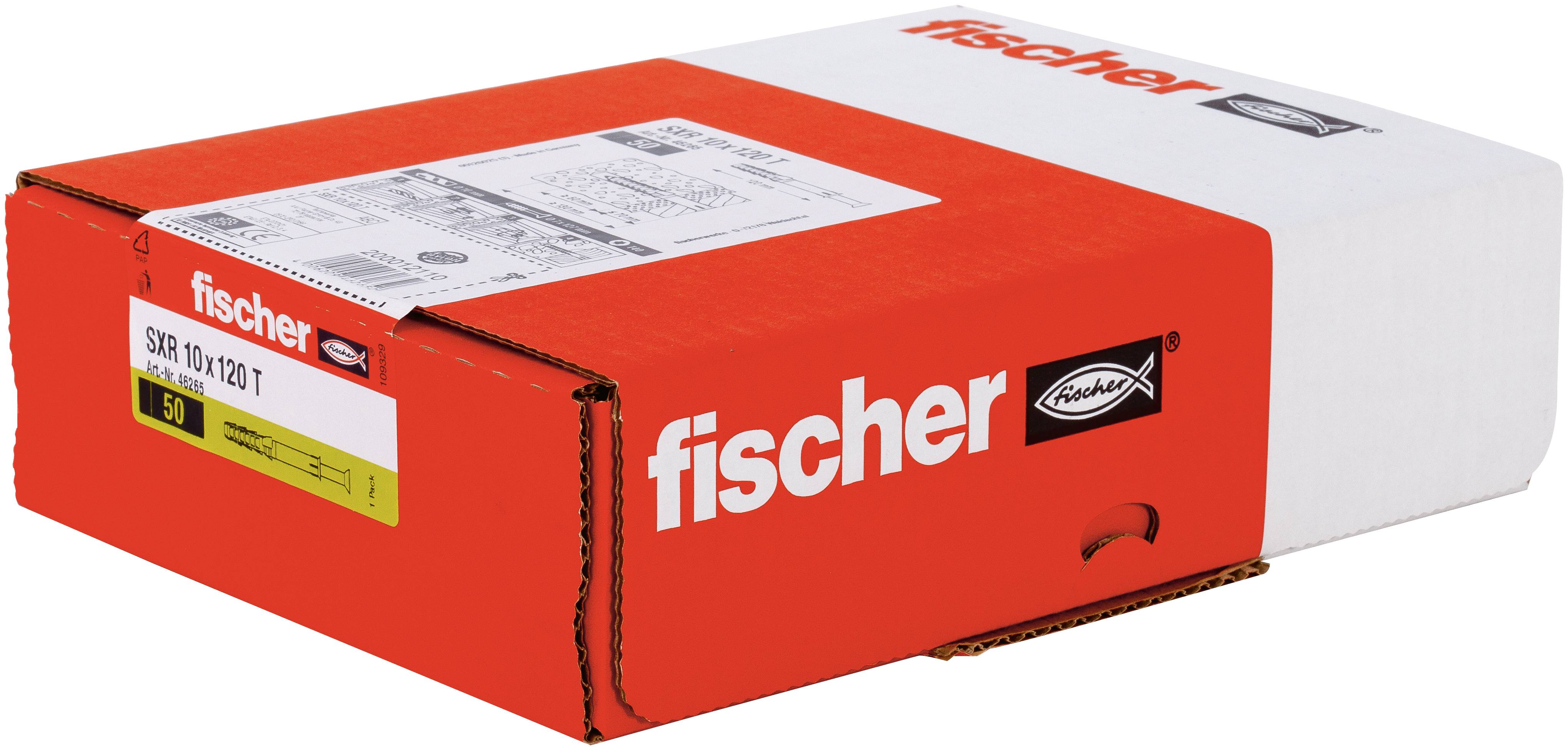 Rote und weiße Fischer Kartonproduktbox mit bedrucktem Etikett und Logo, geschlossen auf weißem Hintergrund gezeigt.
