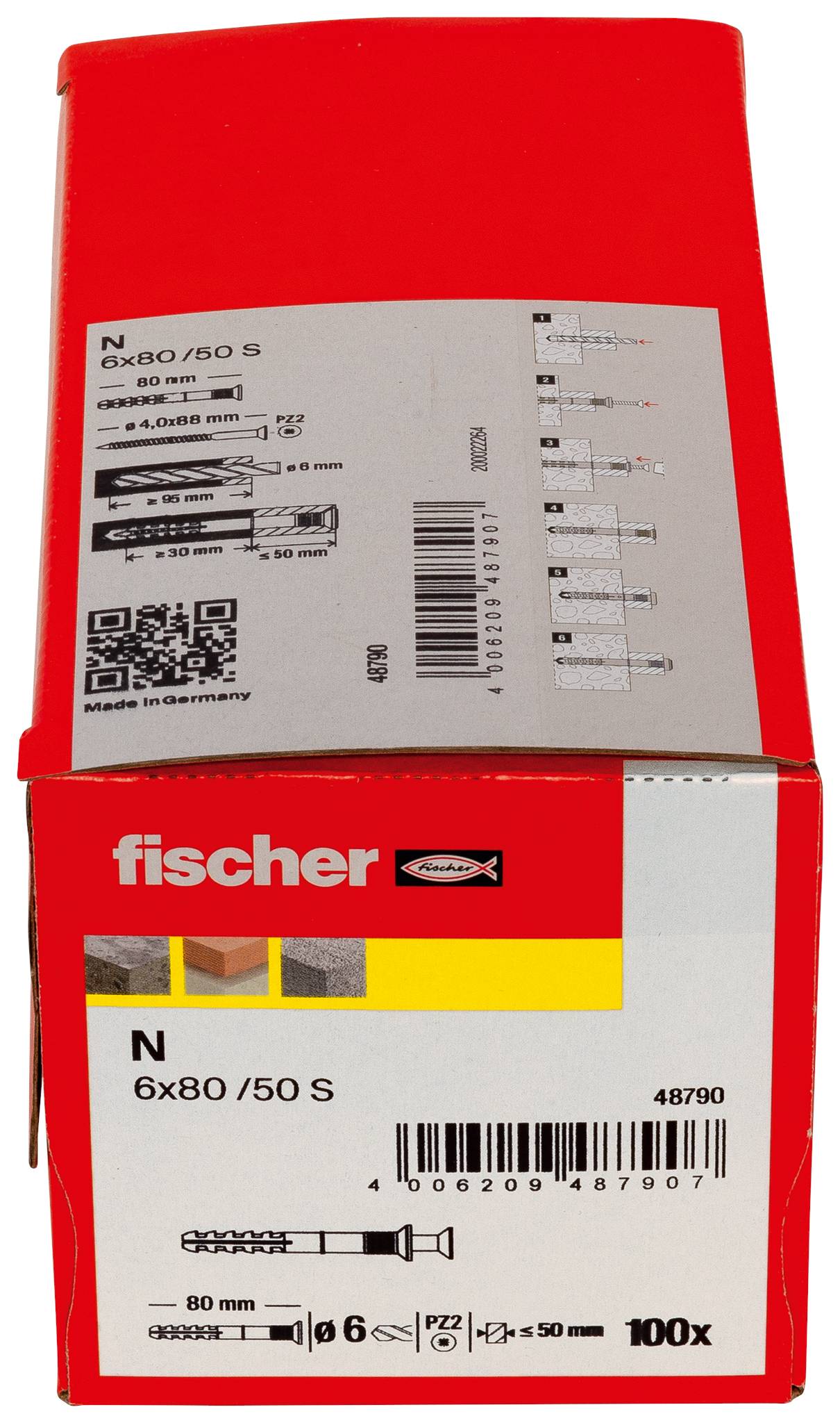 Rote Fischer-Packung mit Wanddübeln, beschriftet mit „N 6x80/50 S" und „100x", mit Strichcode und Produktdiagramm auf der Vorderseite.