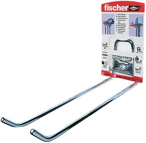 Fischer-Hardwarepaket mit zwei langen Metallmontagehaken/-stangen, die sich von der Box auf weißem Hintergrund erstrecken.