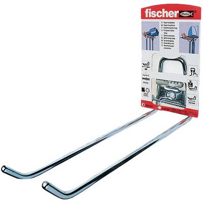 Fischer-Hardwarepaket mit zwei langen Metallmontagehaken/-stangen, die sich von der Box auf weißem Hintergrund erstrecken.