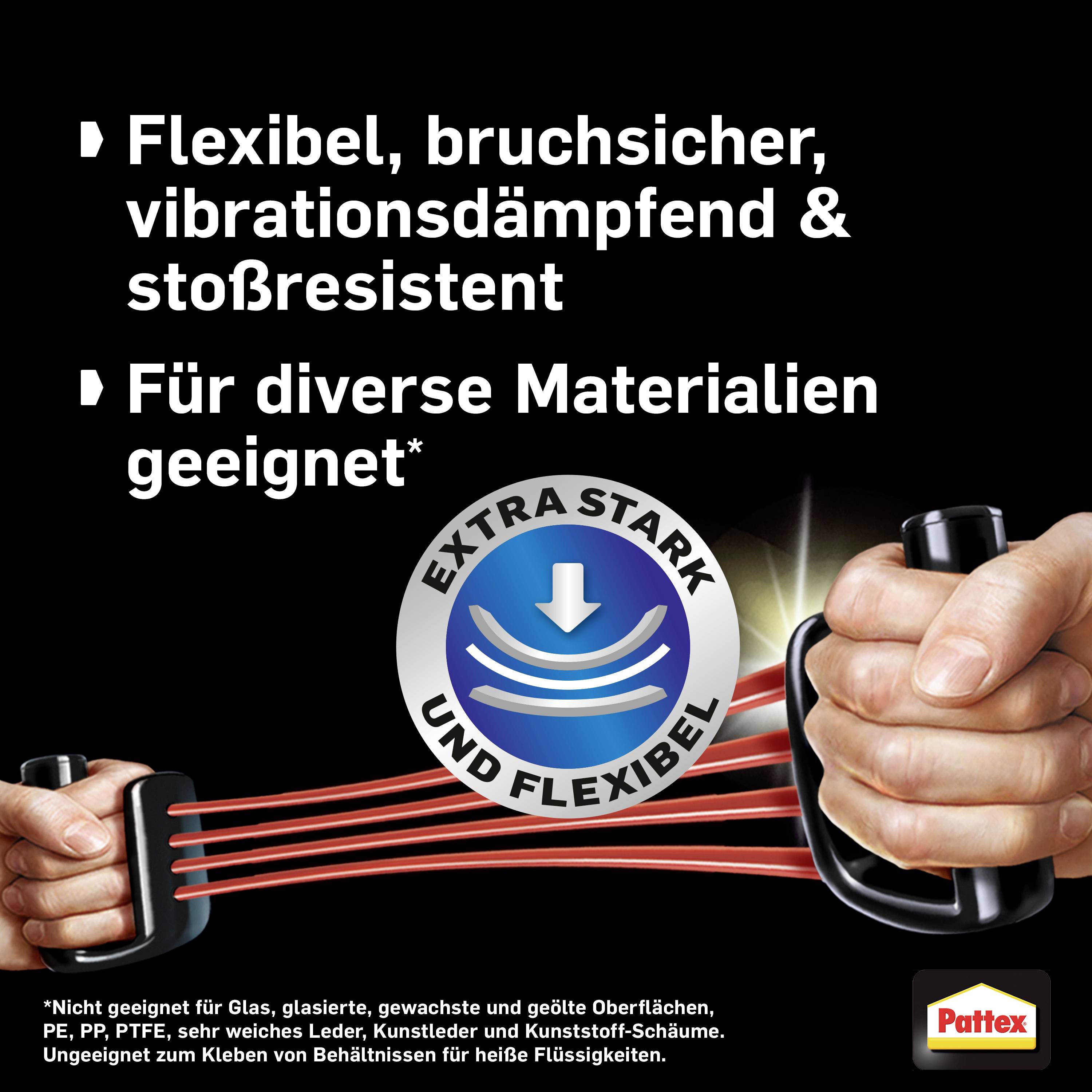 'Flexibel, bruchsicher, vibrationsdämpfend und stoßresistent; geeignet für diverse Materialien.' Zwei Hände ziehen an einem verstärkten Band. Pattex-Logo unten rechts.