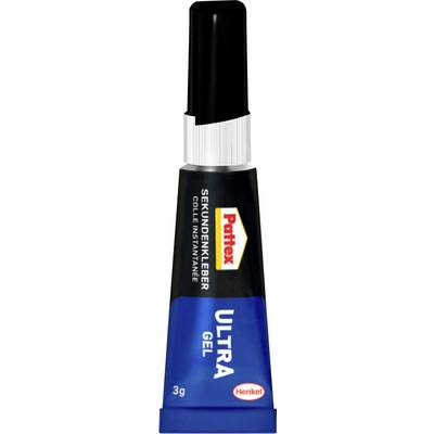 Eine kleine blaue und schwarze Tube mit der Aufschrift "Pattex Ultra Gel" und vertikal geschriebenem "Sekundenkleber", mit einem weißen Deckel.