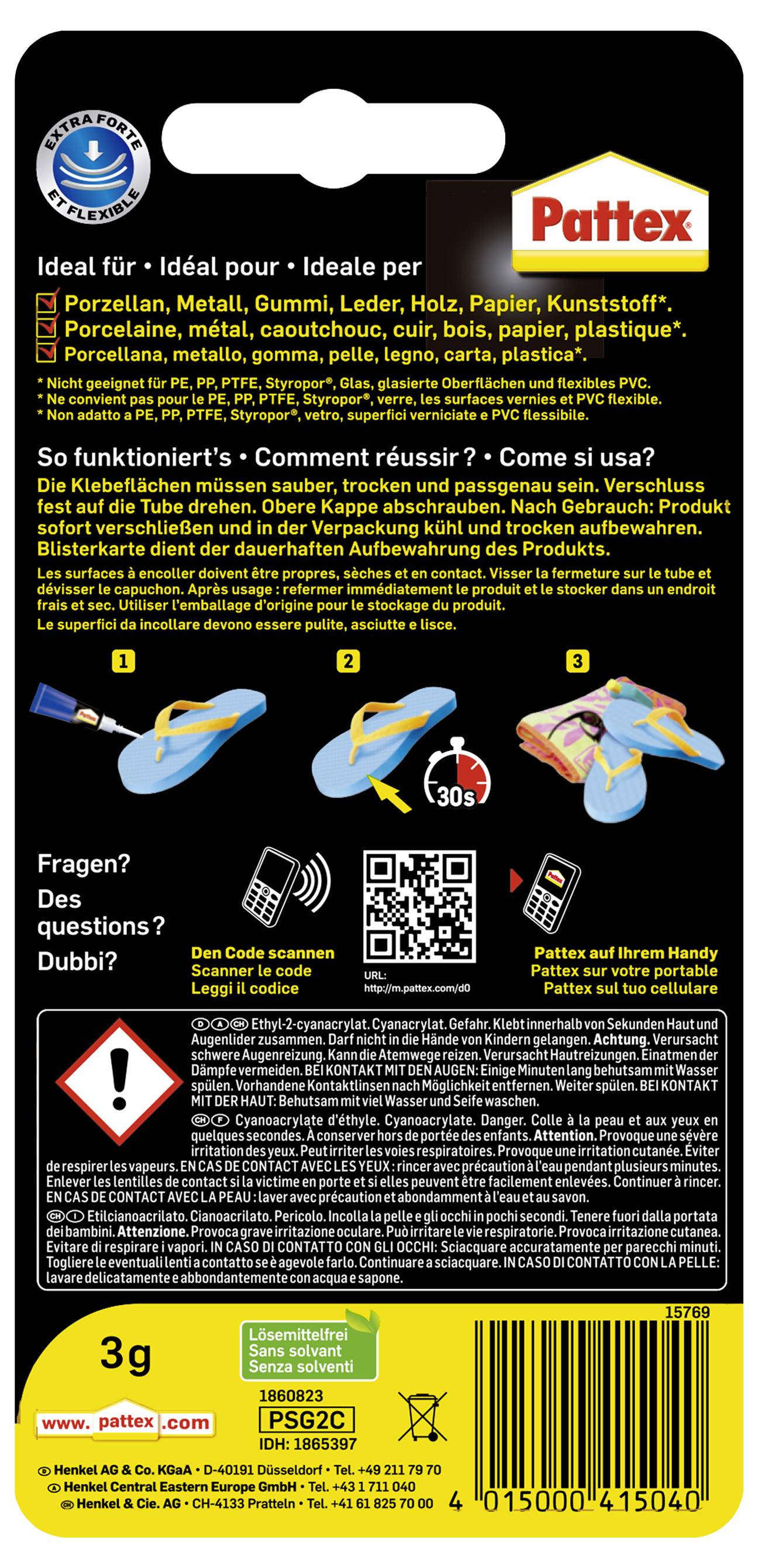 Anleitung zur Verwendung des Pattex-Klebstoffs: Oberflächen reinigen, Kleber auftragen, andrücken und 30 Sekunden lang fixieren. Ideal für Materialien wie Porzellan, Metall und Holz.