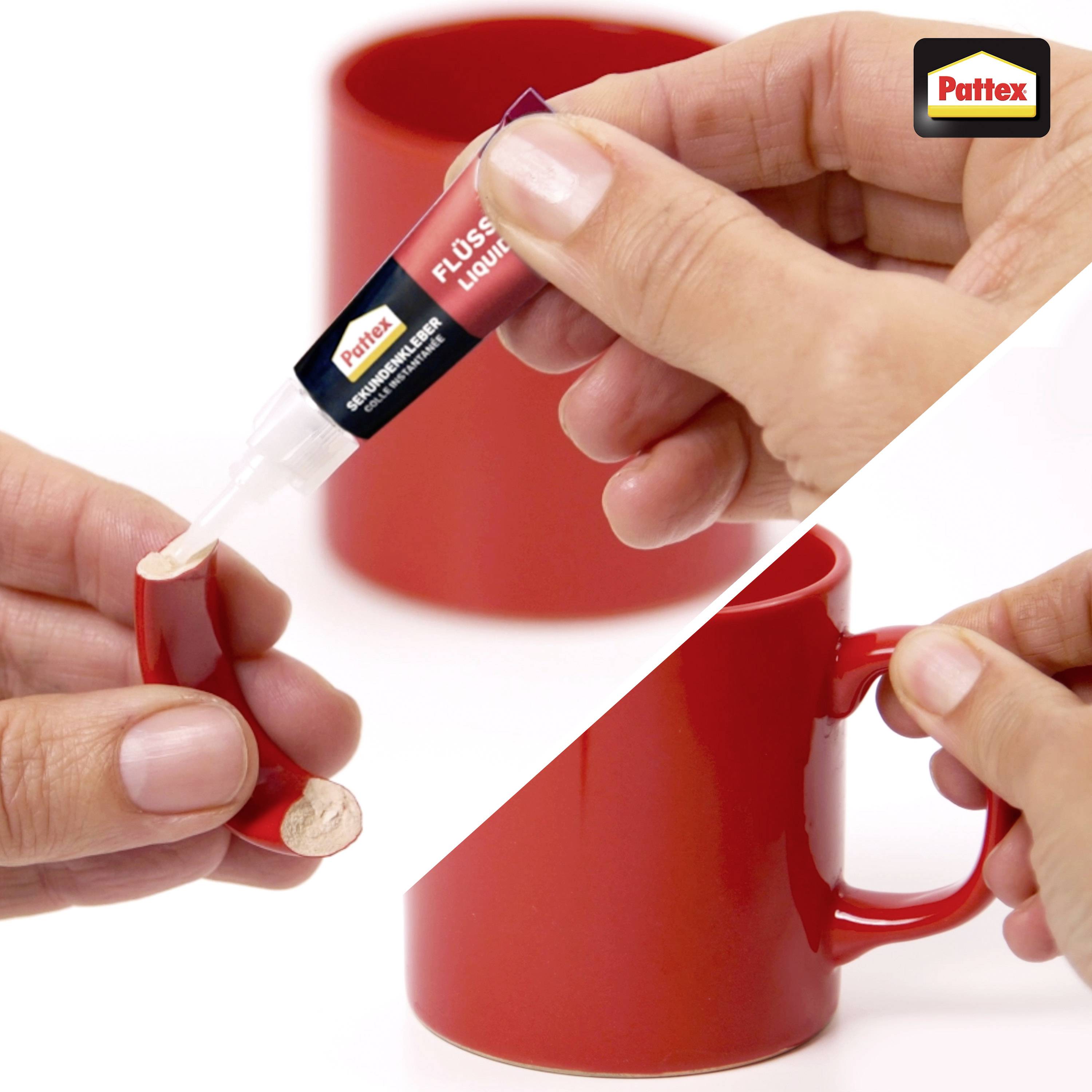 Zwei Hände, die Pattex-Flüssigkleber auftragen, um den abgebrochenen roten Henkel einer Tasse zu reparieren. Klebeflasche und Tasse werden im Bild hervorgehoben.