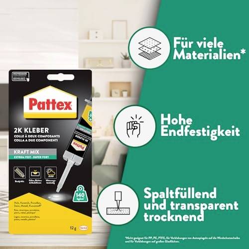 'Zweikomponenten-Kleber von Pattex für viele Materialien: Hohe Endfestigkeit, spaltfüllend und transparent trocknend.'