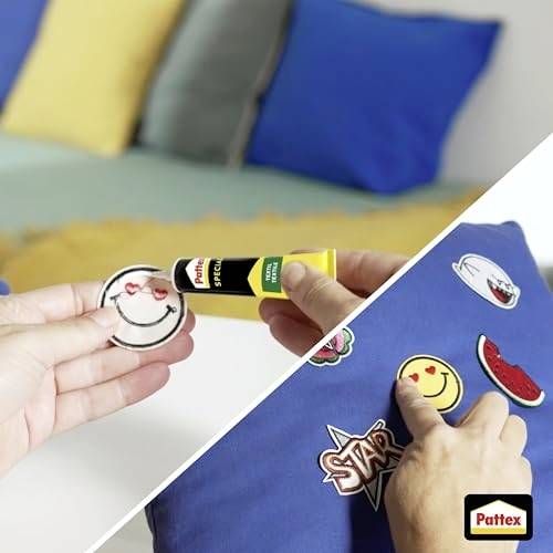 Eine Person trägt Klebstoff aus einer Pattex-Tube auf ein Smiley-Aufnäher auf und befestigt diesen dann an einem blauen Stoff und demonstriert damit die einfache Anwendung.