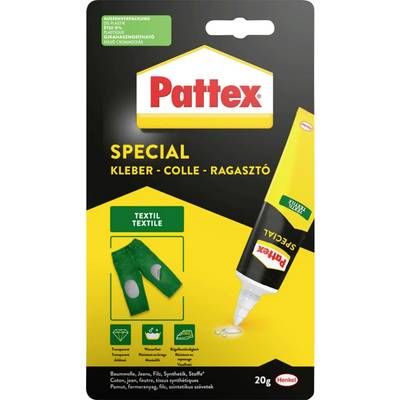 Pattex Spezial Textilkleber Verpackung in Gelb und Schwarz. Das Bild zeigt eine Tube Kleber und Stoffflicken auf einer grünen Hose.