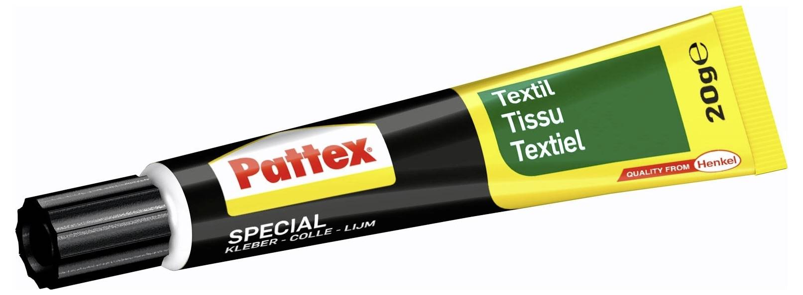 Eine Tube Pattex Textilklebstoff, beschriftet mit 'Textil Tissu Textiel 20g', verwendet zum Verbinden von Textilmaterialien.
