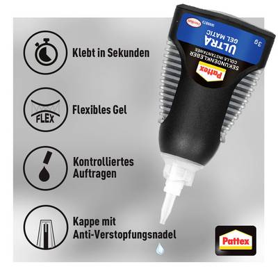 Kleberflasche mit grauem Deckel. Text neben Symbolen: 'Klebt in Sekunden', 'Flexibles Gel', 'Kontrolliertes Auftragen', 'Kappe mit Anti-Verstopfungsnadel'.