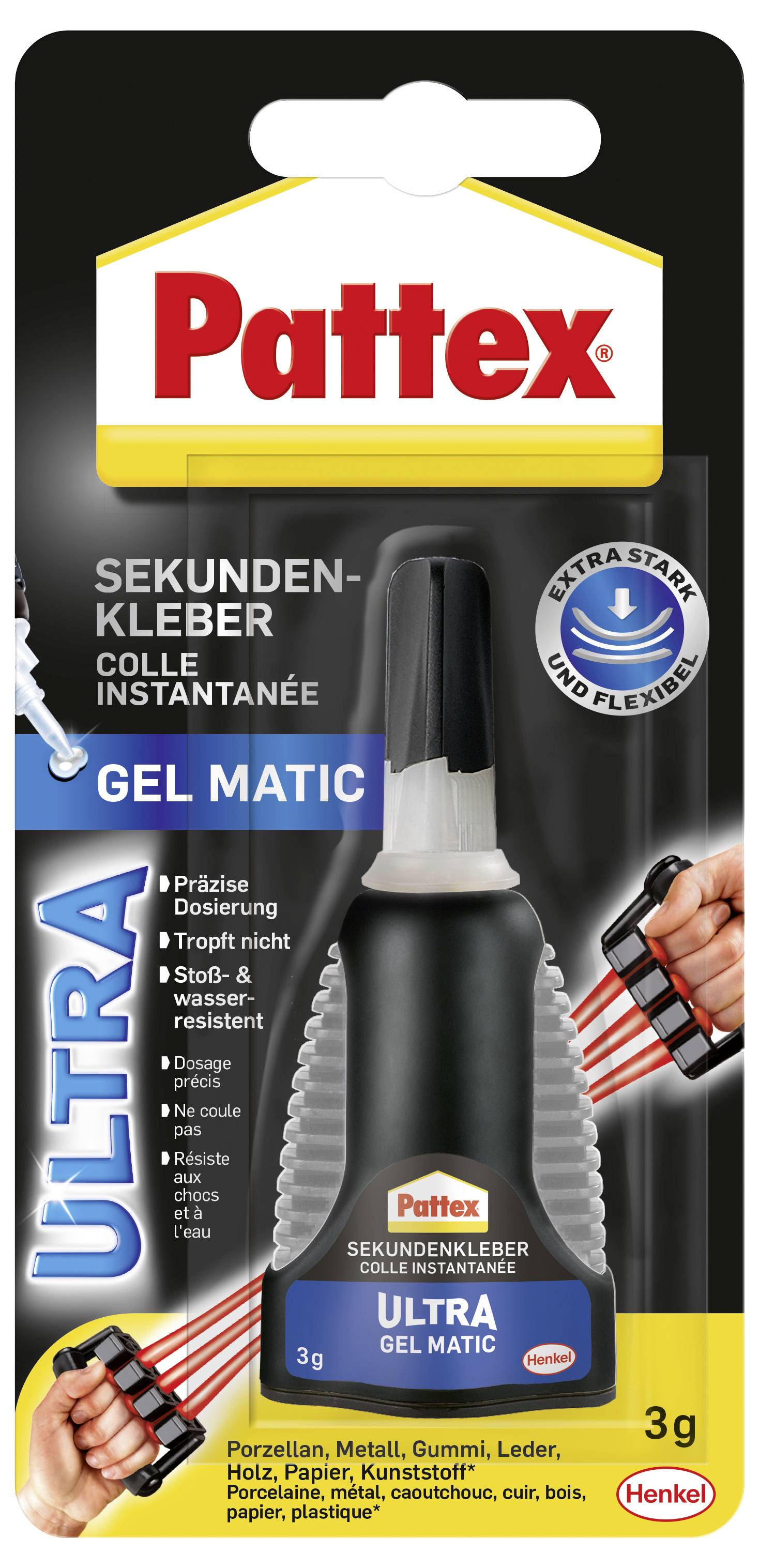 Das Bild zeigt eine Packung Pattex Ultra Gel Matic Sekundenkleber. Sie enthält eine 3g Tube mit einer Präzisionsdüse und bewirbt Schlag- und Wasserbeständigkeit.