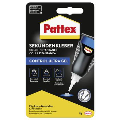 Verpackung von Pattex Control Ultra Gel, ein 3g-Sofortkleber. Eigenschaften umfassen schnelles Aushärten, starke Haftung und präzise Anwendung. Geeignet für verschiedene Materialien.