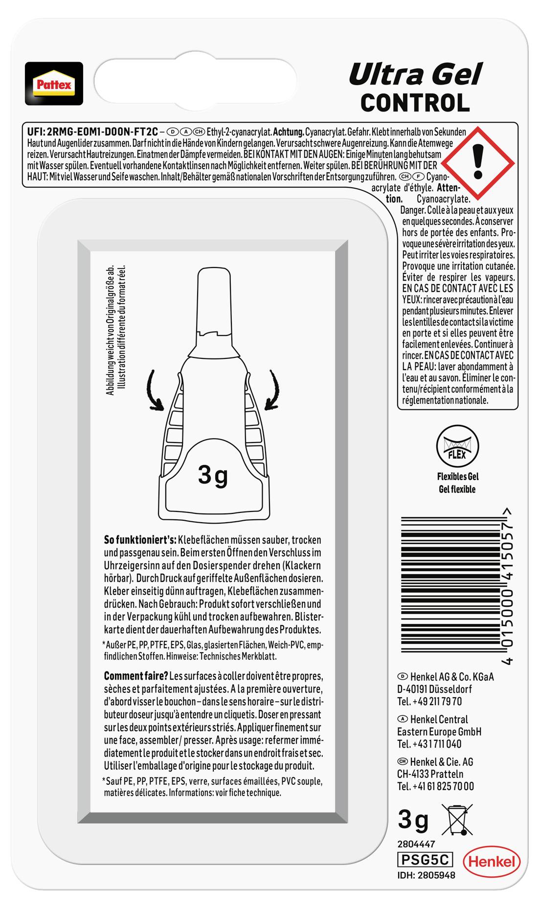 'Pattex Ultra Gel Control 3g' Verpackung. Warnsymbol oben rechts. Anweisungen zur sicheren Verwendung. Enthält Herstellerkontakt- und Recyclinginformationen.