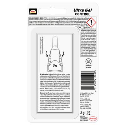 'Pattex Ultra Gel Control 3g' Verpackung. Warnsymbol oben rechts. Anweisungen zur sicheren Verwendung. Enthält Herstellerkontakt- und Recyclinginformationen.