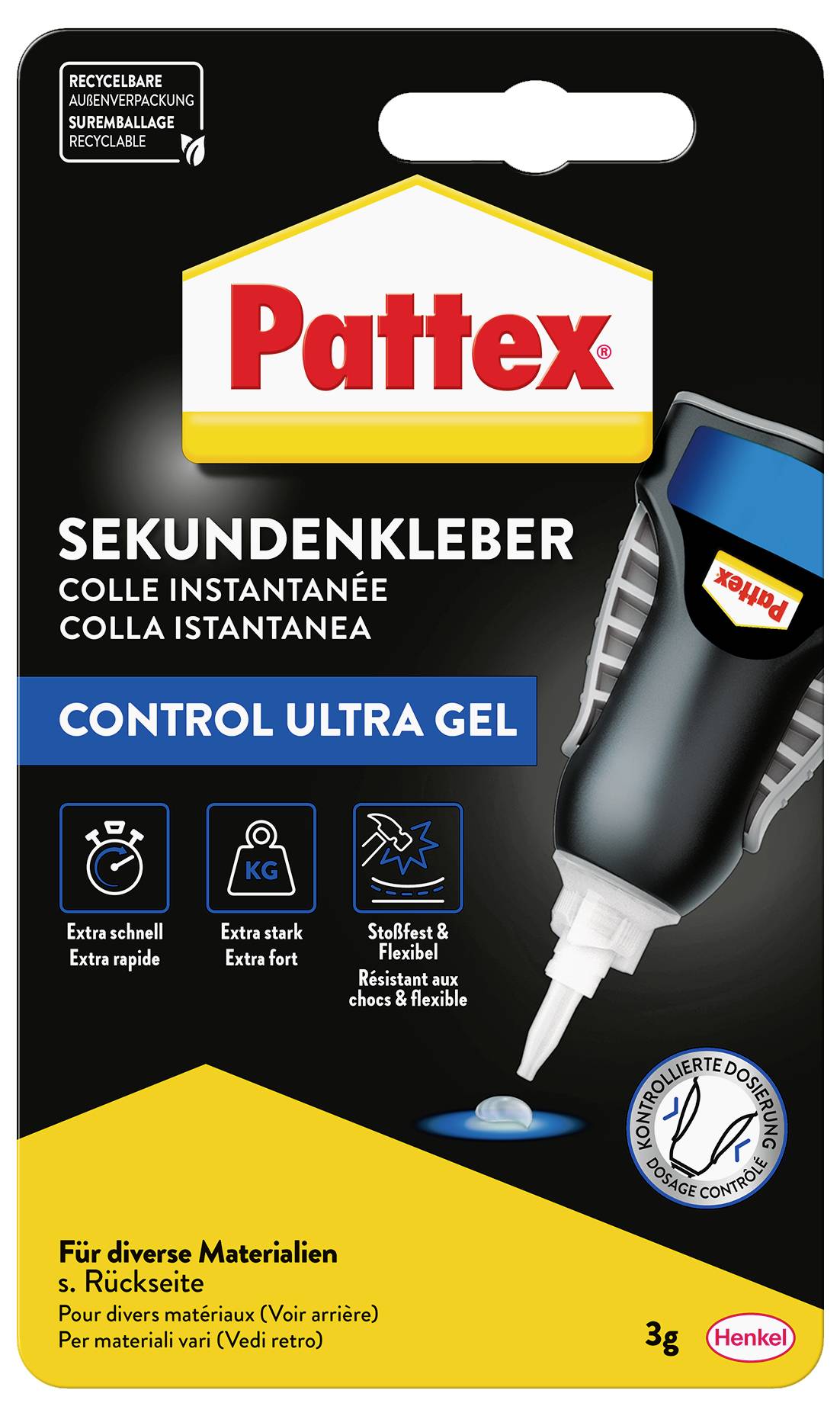 Ein Paket Pattex Control Ultra Gel Sofortkleber, dessen hervorgehobene Merkmale extra schnell, extra stark und tropffrei umfassen. Geeignet für verschiedene Materialien.