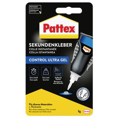 Ein Paket Pattex Control Ultra Gel Sofortkleber, dessen hervorgehobene Merkmale extra schnell, extra stark und tropffrei umfassen. Geeignet für verschiedene Materialien.