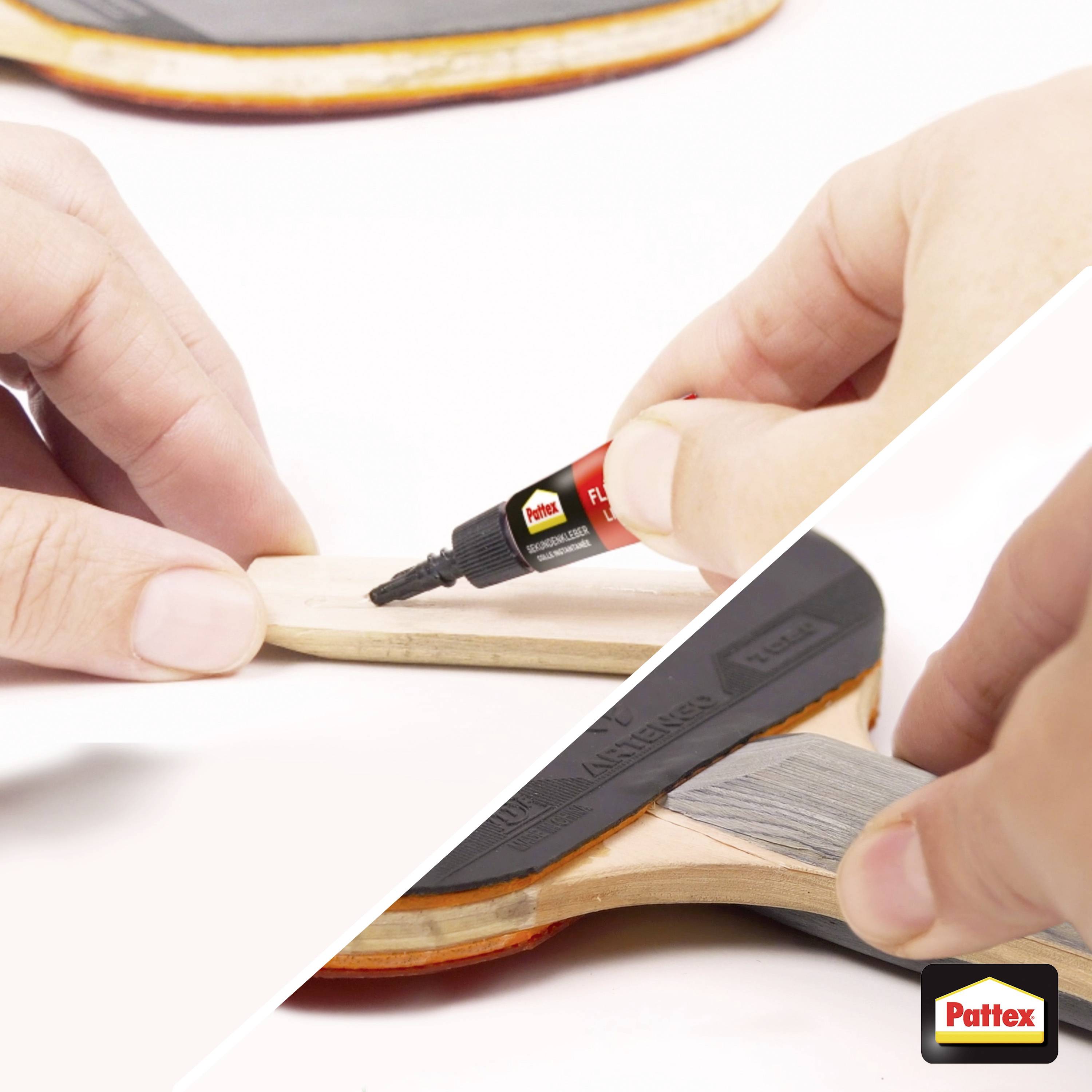 Eine Person, die Pattex-Kleber auf einer Holzoberfläche aufträgt und einen Gegenstand repariert. Nahaufnahme, die die präzise Anwendungstechnik zeigt.